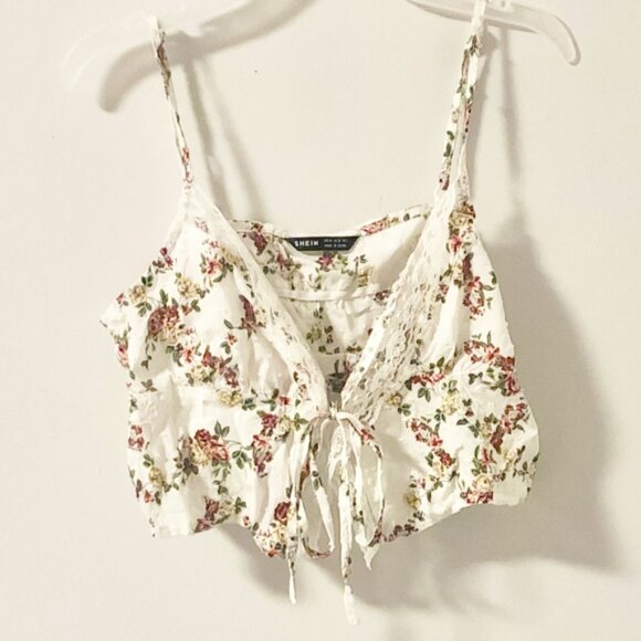 Floral Crop Top Lace-Trim Tie-Front Cami White Boho Summer Tank - Picture 1 of 6